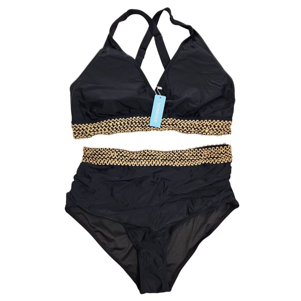 Black Gold High-Waisted Bikini  Strappy Back Crochet Waist Detail SZ 16W Womens